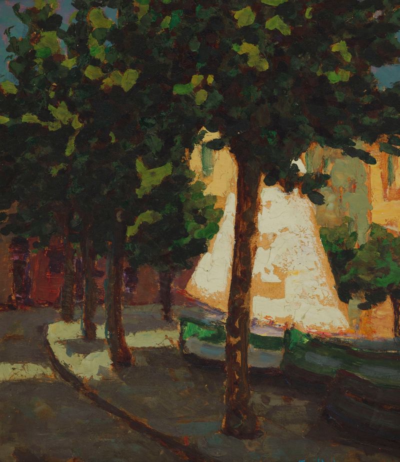 Óleo sobre tela de Jan Bohuszewicz mostrando árvores de plátano e luz.