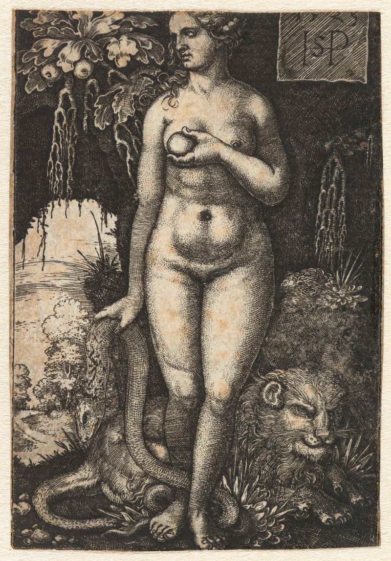 Gravura de Hans Sebald Beham representando Eva com uma cobra, uma maçã e um leão