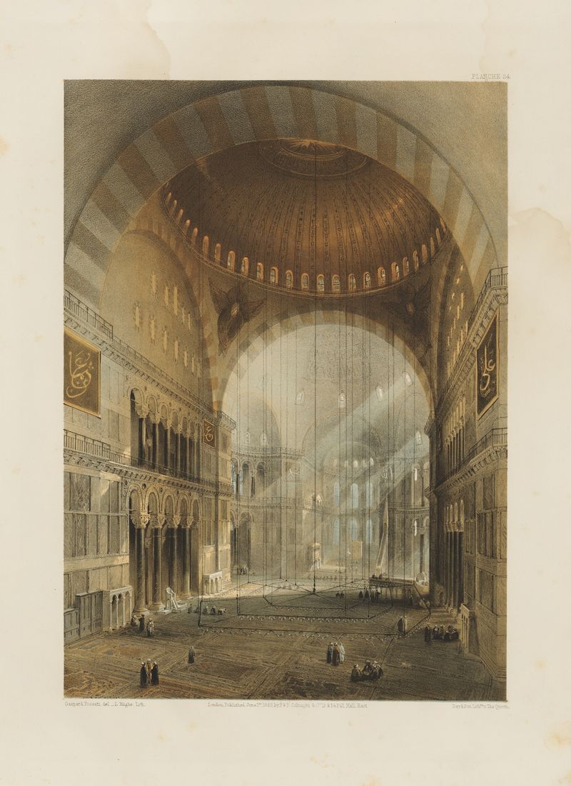 Engraving of Aya Sofia by Gaspare Fossati, highlighting its domes and architectural details.