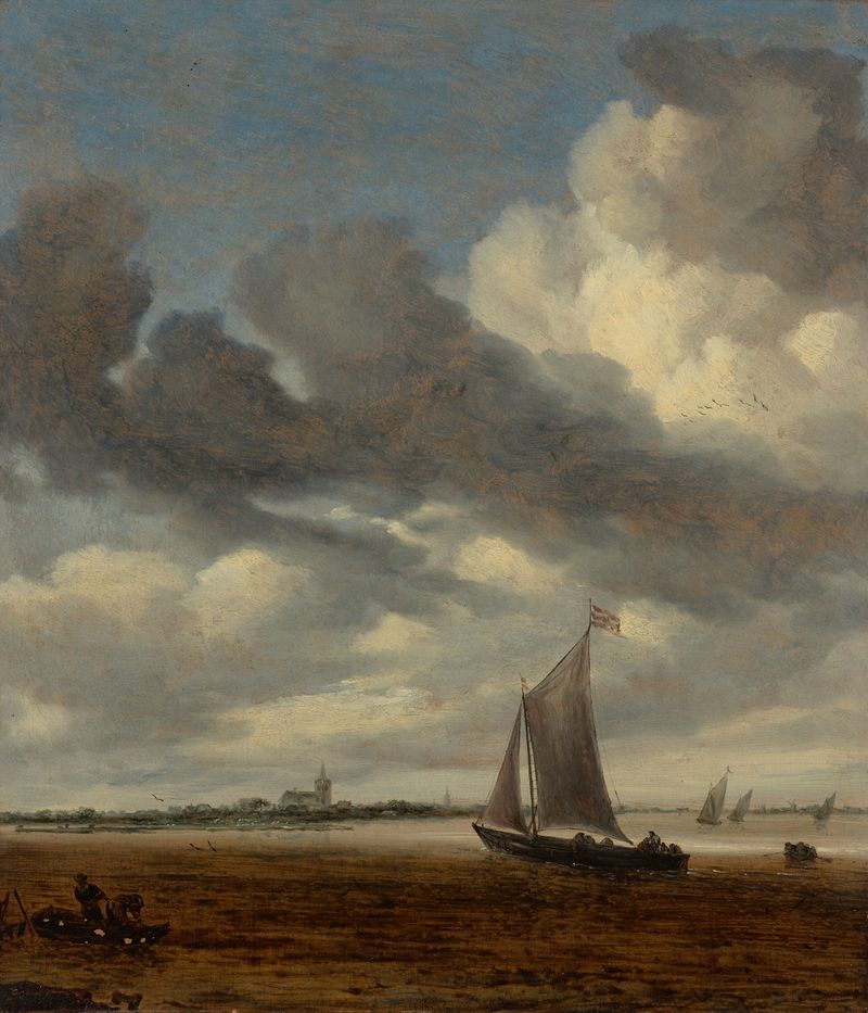 Óleo sobre lienzo de Salomon van Ruysdael que representa un smalschip y pescadores en un estuario