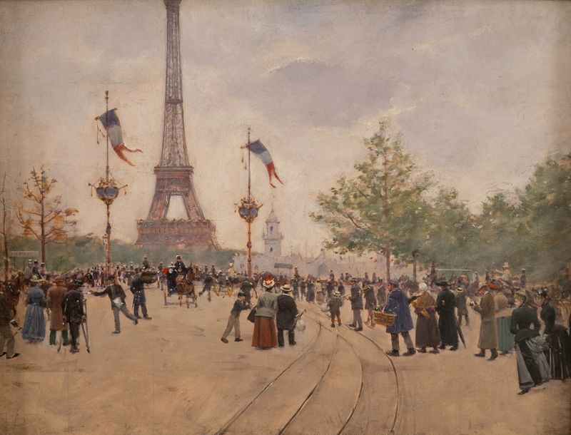 Entrée de l’exposition universelle de 1889 by Jean Béraud, oil on canvas depicting the Eiffel Tower and crowd.