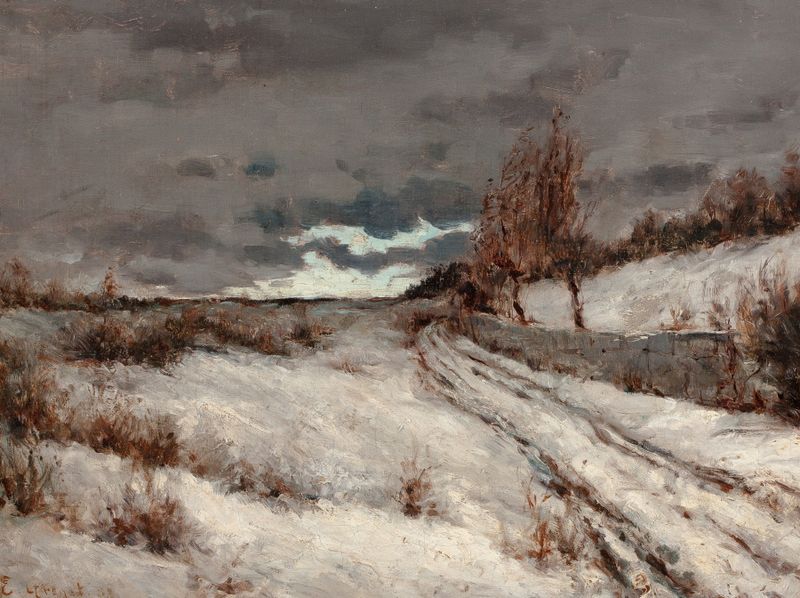 Winter Landscape de Edward Grenet, óleo sobre tela, apresentando um primeiro plano nevado e céu azul pálido.