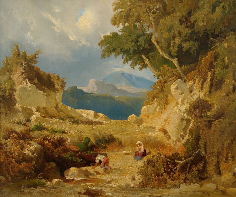 Italian landscape oil painting by Julie Wilhelmine Hagen-Schwarz featuring rolling hills and a serene sky.