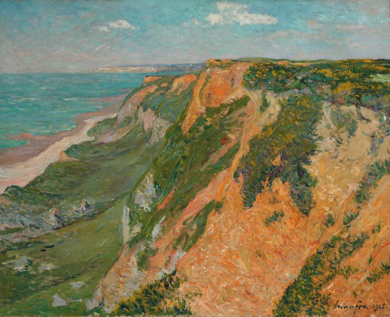 Les Falaises rouges d’Octeville, Seine-Inférieure de Maxime Maufra, pintura a óleo que mostra penhascos e mar.