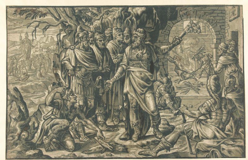 Wood artwork by Adriaen Thomasz. Key depicting King Nebuchadnezzar and three young men in a furnace.