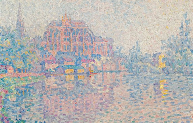 Auxerre, La Rivière de Paul Signac, óleo sobre tela mostrando um rio tranquilo com luz dourada