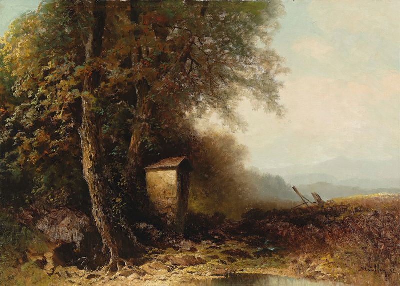 A Landscape in Autumn with Wayside Shrine, óleo sobre tela de Oskar Mulley