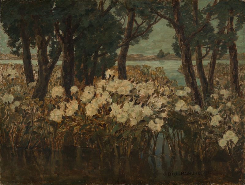 Cardos marchitos junto a un río en una pintura al óleo de Johanna Marie Dill-Malburg