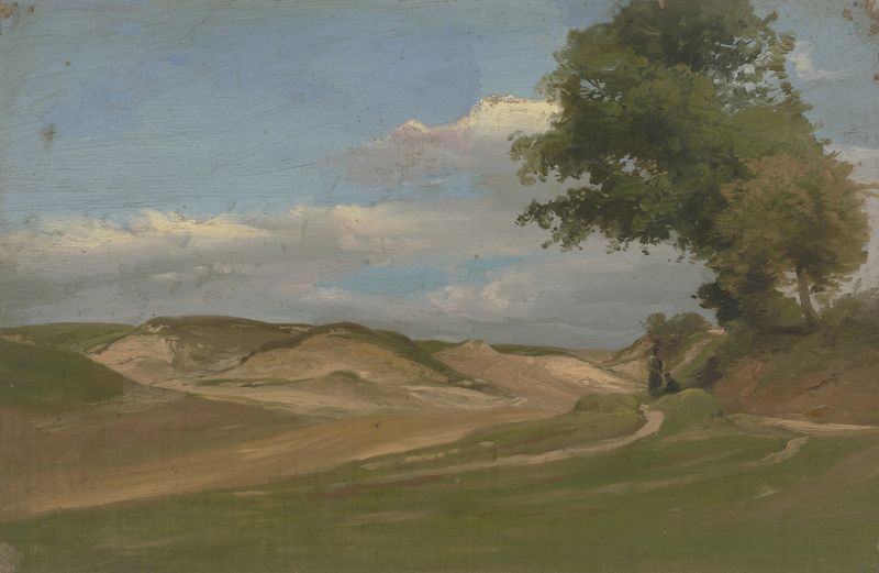 Two farmers seated on a bench at sunset, oil painting by Jakob Becker