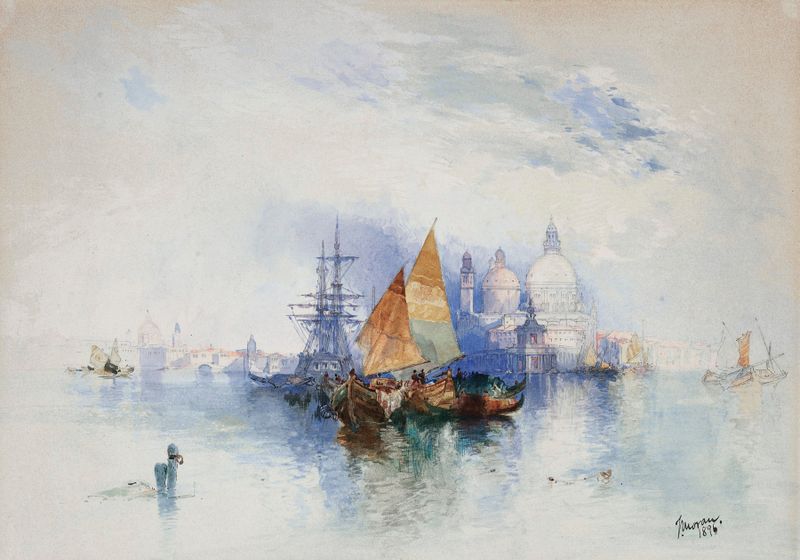 Venecia de Thomas Moran, pintura al óleo que representa un canal con luz cálida y reflejos.