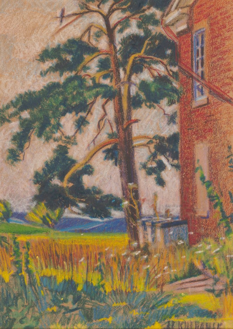 Pintura al óleo de paisaje de James C. Kulhanek con un pino solitario contra colores en espiral.
