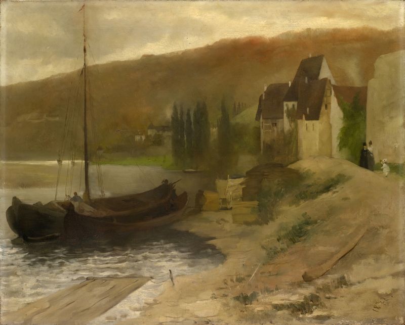 Paisaje en el río Main de Ernst Schiess, óleo sobre lienzo que representa una escena tranquila del río con vegetación exub...