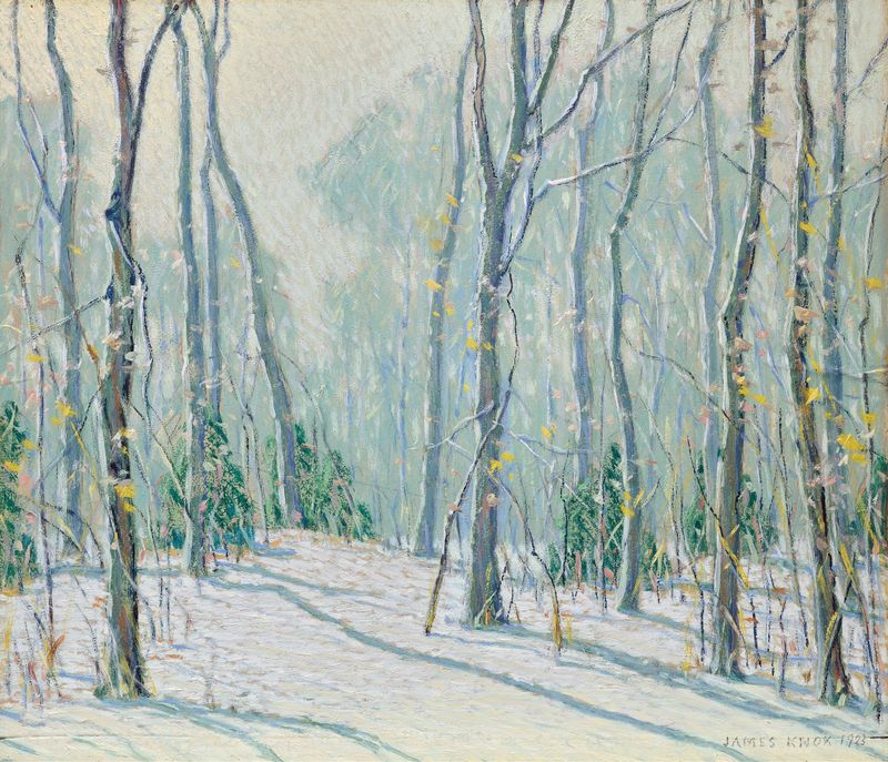 Winter Landscape, Fort Lee NJ de James P. Knox, pintura a óleo que retrata uma cena nevada.