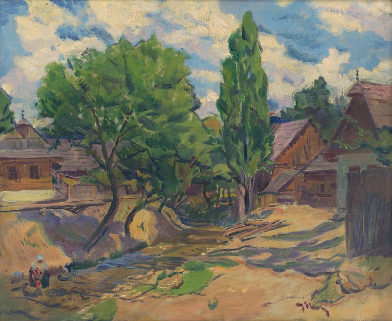 Paisaje con Casas de Gustáv Mallý, óleo sobre lienzo que muestra casas distantes y colinas suaves.