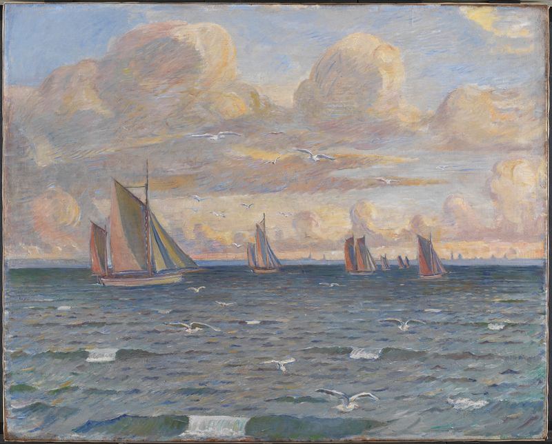 Marine scene with ships on water by Poul Simon Christiansen, Impressionism