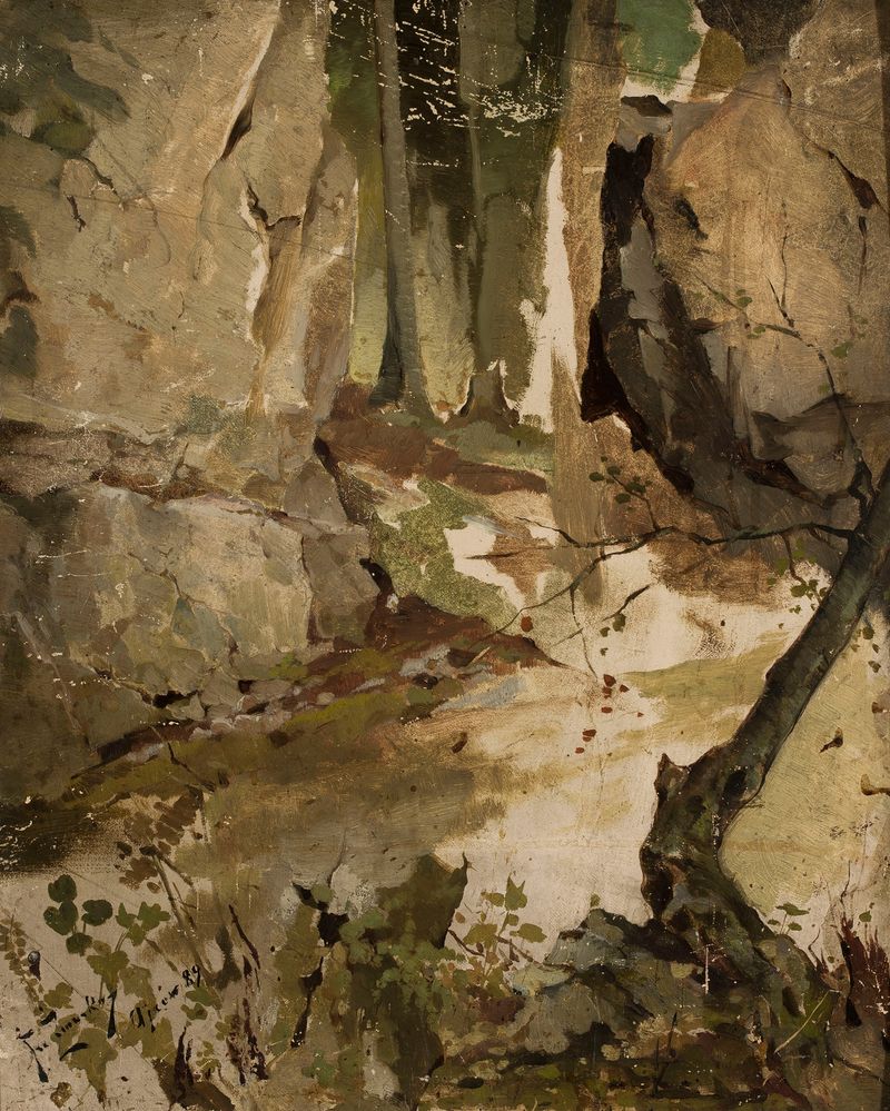 Paisaje de Ojców de Franciszek Żmurko, pintura al óleo que muestra un bosque y colinas exuberantes.