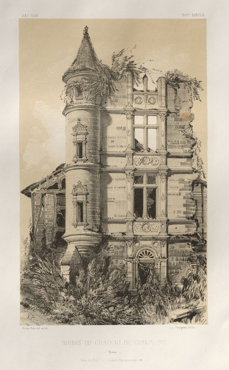 Ruines Du Chateau De Champlost de Victor Petit, pintura a óleo que retrata ruínas arquitetônicas.
