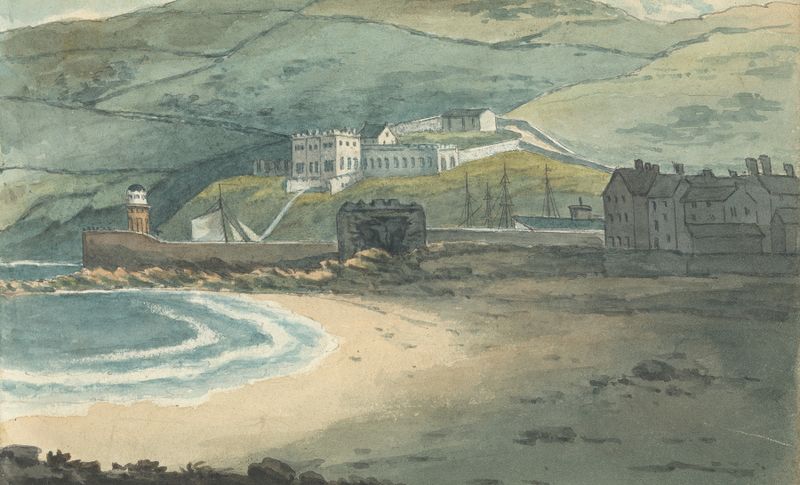 A desolate harbor with vessels and moors, oil painting by Thomas Bradshaw