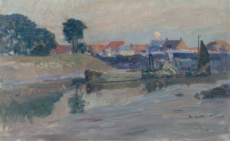 Paisaje al atardecer con una luna creciente, óleo sobre lienzo de Alfred Zoff