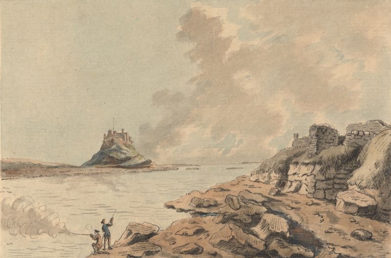 Grabado de Holy Island y Castle, Northumberland por Capt. Francis Grose