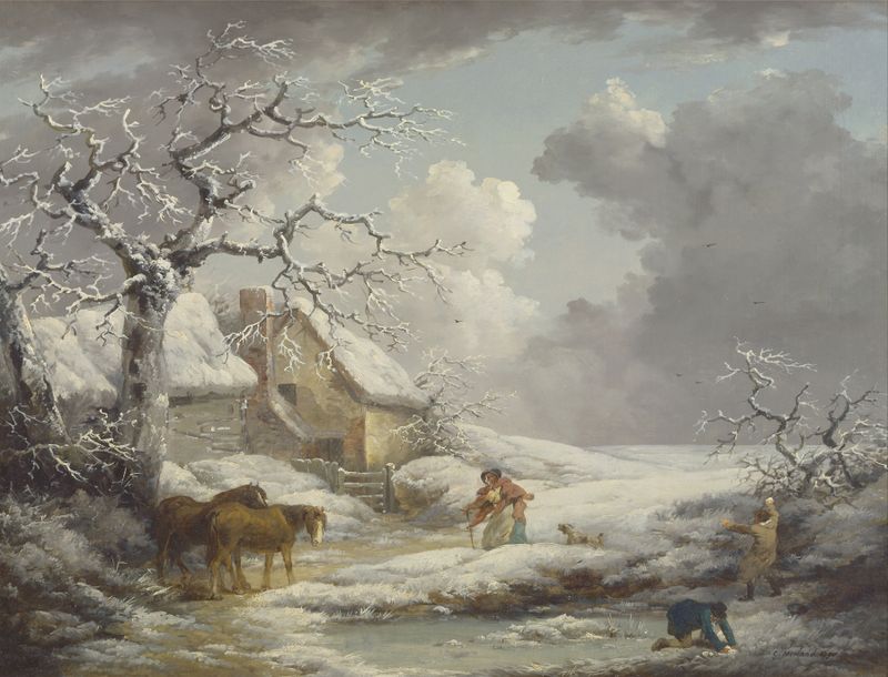Winter Landscape de George Morland, óleo de una escena de bosque nevado.