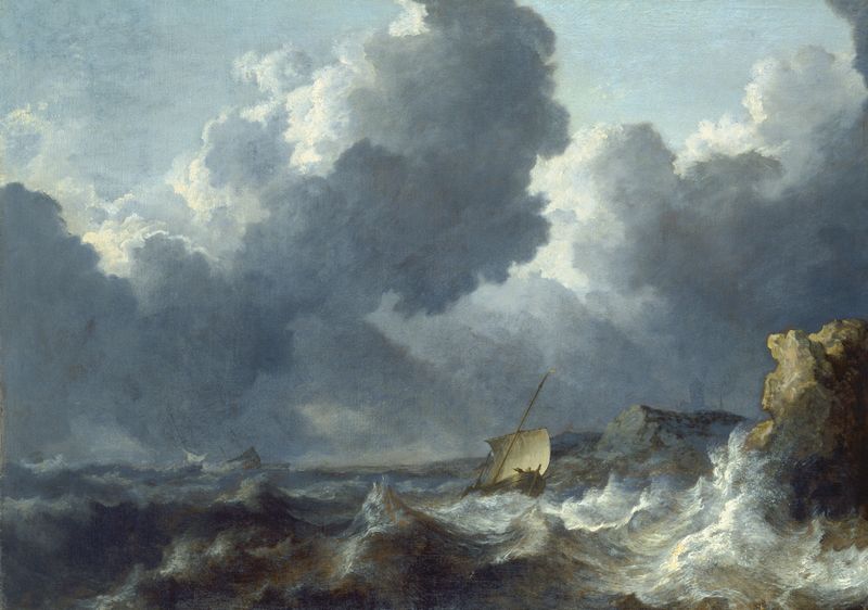 Stormy Sea de Allaert van Everdingen, óleo sobre lienzo que muestra olas turbulentas y nubes oscuras.