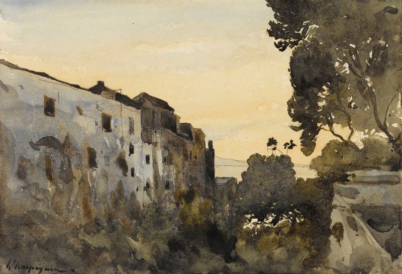 Paisagem do mar Mediterrâneo e do céu, óleo sobre tela de Henri-Joseph Harpignies.