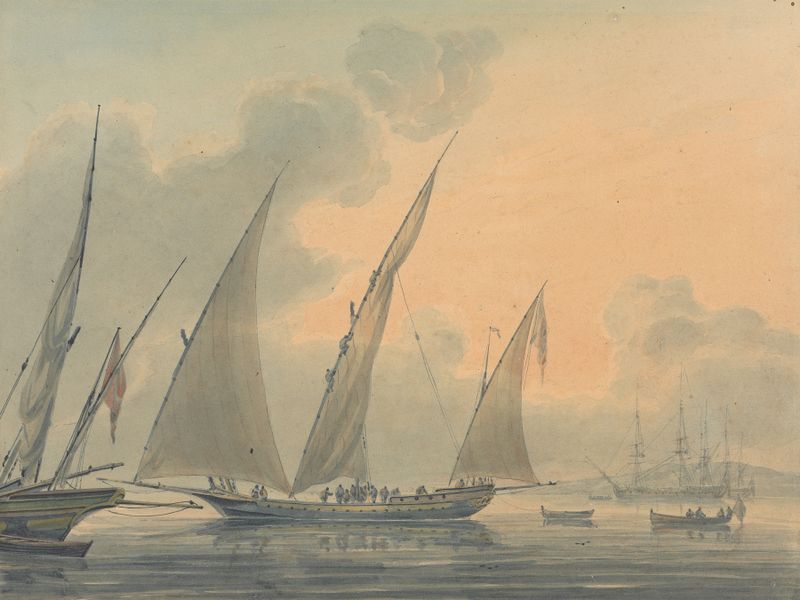 Oil on canvas by Robert Cleveley depicting ships sailing on the Mediterranean Sea.