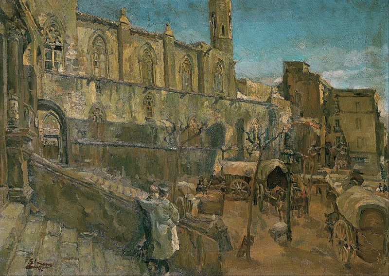 Plaza del Rey by Francesc Gimeno, oil on canvas depicting sunlight on cobblestones and architecture.