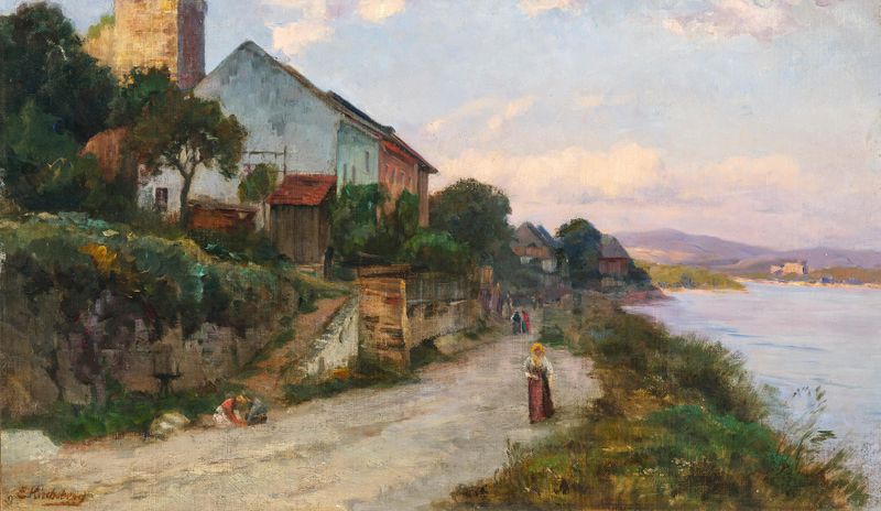 Oil on canvas by Ernestine von Kirchsberg depicting a serene river landscape at dusk.