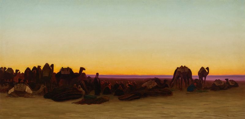 La halte des chameliers de Charles Théodore Frère, pintura a óleo mostrando camelos em um deserto tranquilo ao pôr do sol.