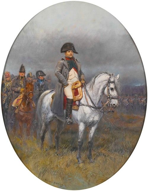 A striking depiction of Napoleon riding a horse, showcasing his leadership and strength.
