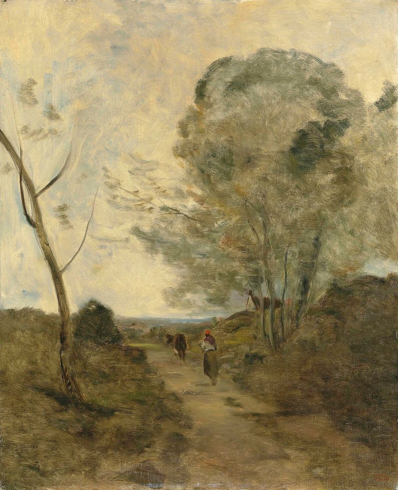 Cena de gênero de uma mulher camponesa conduzindo uma vaca em uma paisagem, pintura a óleo de Jean-Baptiste-Camille Corot