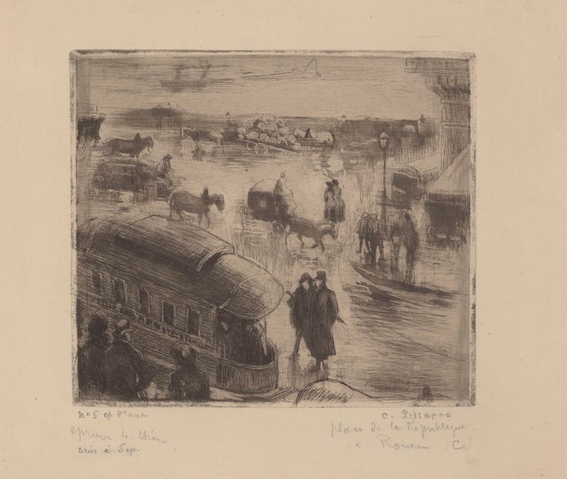 Place de la République, à Rouen de Camille Pissarro, óleo sobre lienzo que muestra una plaza animada con una multitud.