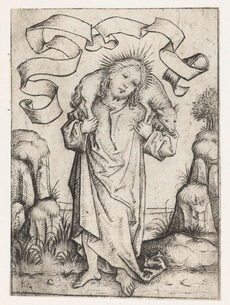 Christus als de Goede Herder, ponta seca de Meester van het Amsterdamse Kabinet, retratando Cristo com um cordeiro.