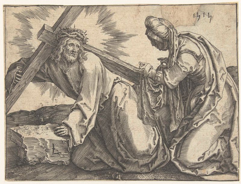 Engraving by Lucas van Leyden depicting the crucifixion with light and figures