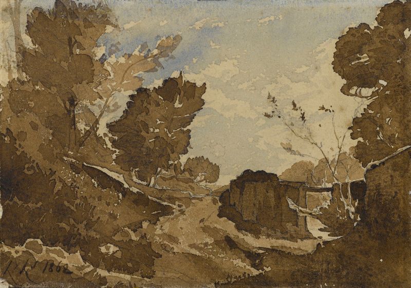 Fossé avec un petit pont de Henri-Joseph Harpignies, pintura a óleo que retrata uma paisagem serena com uma pequena ponte.
