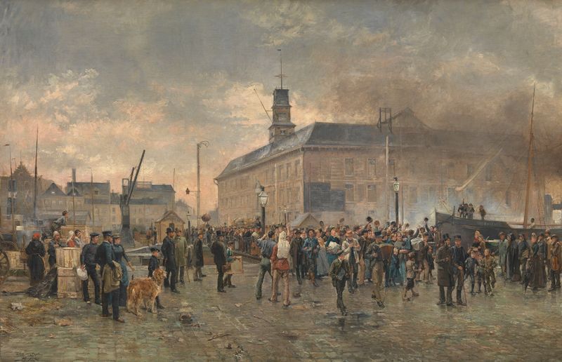 Cena figurativa com figuras sombrias em tons terrosos de Louis Van Engelen, pintura a óleo