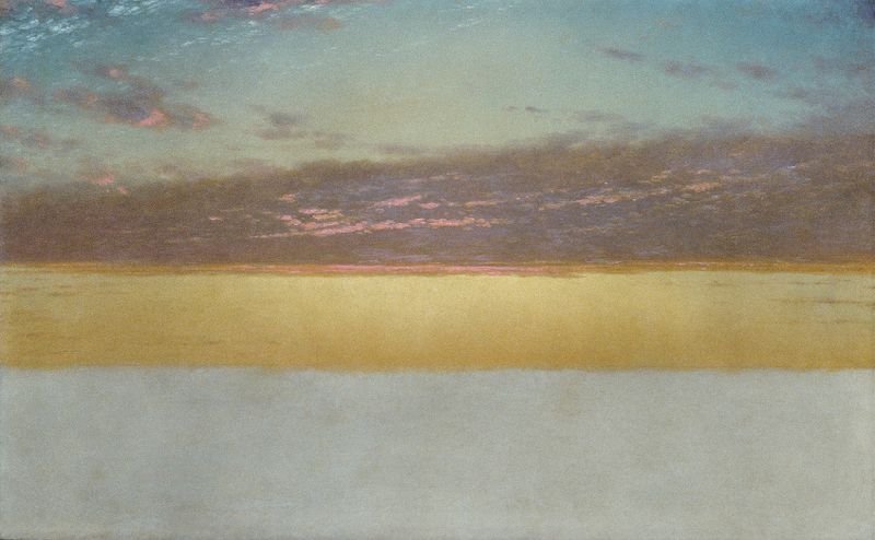 Sunset Sky by John Frederick Kensett, oil painting depicting a colorful sunset over the horizon.