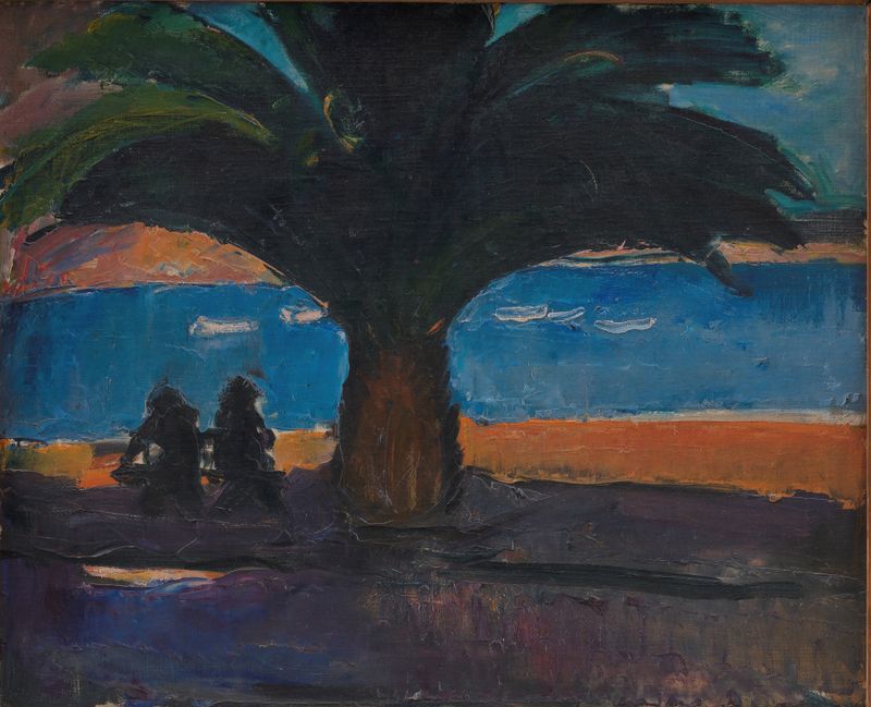 Impressionism landscape by Jens Adolf Jerichau, featuring palm fronds and coastal view.