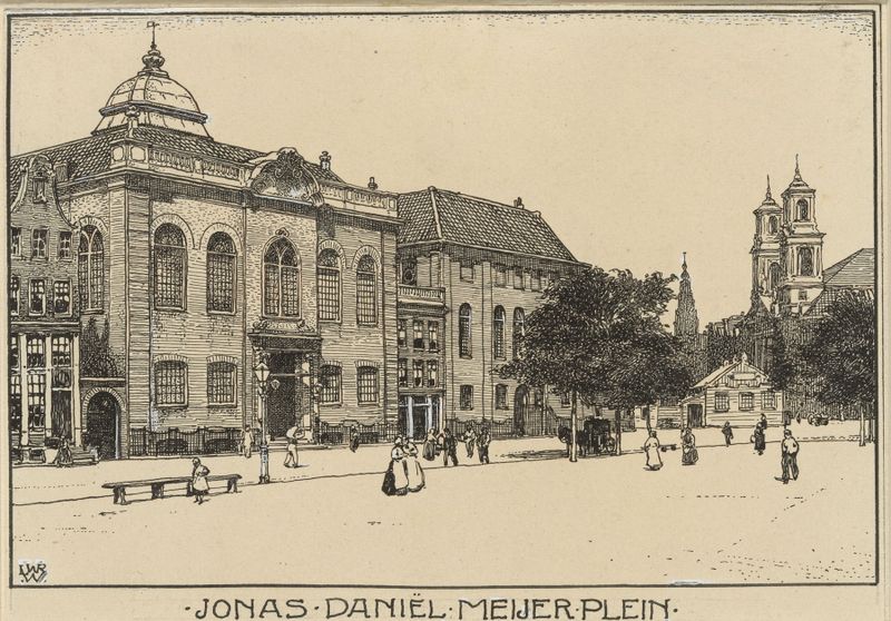 Pintura de paisaje al óleo de Willem Wenckebach que representa una plaza de la ciudad con árboles y un camino de adoquines.
