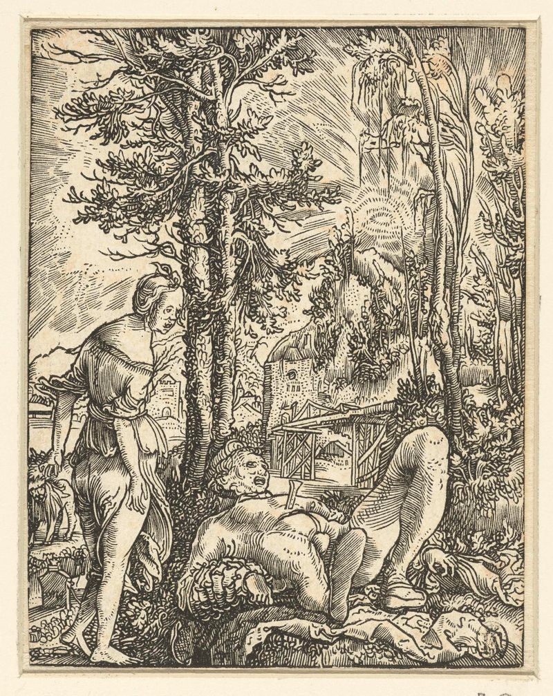 Pyramus en Thisbe by Wolfgang Huber, Renaissance paper artwork depicting two figures in longing.