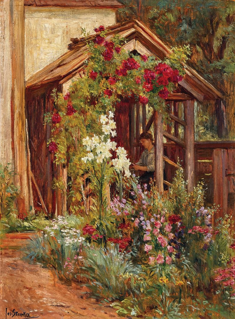 Um jardim rústico em flor, pintura a óleo de Josef Straka