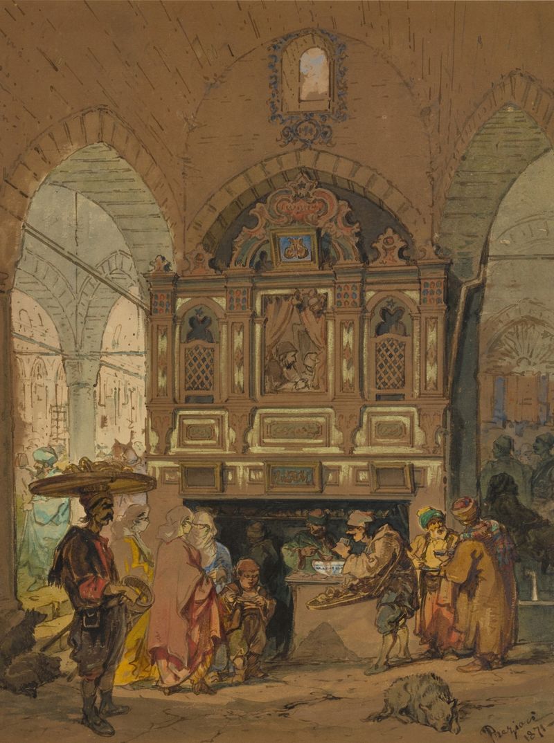 The Grand Bazaar in Constantinople by Amadeo Preziosi, oil on canvas depicting vibrant market arches and textiles.