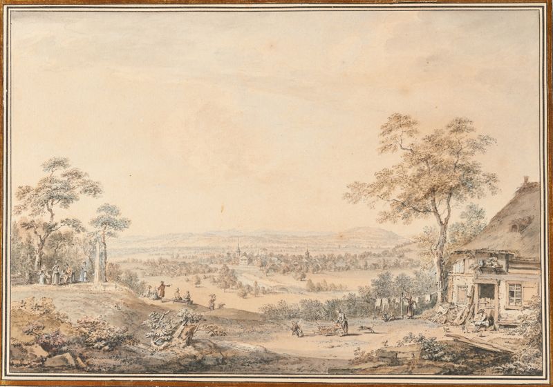 Paisagem com colinas e uma aldeia, tinta sobre papel de Johann Ludwig Aberli