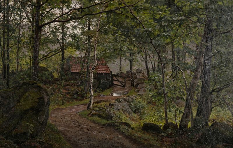 Under trærne, Hoven ved Mandal de Amaldus Nielsen, impressionismo, paisagem com árvores e luz do sol