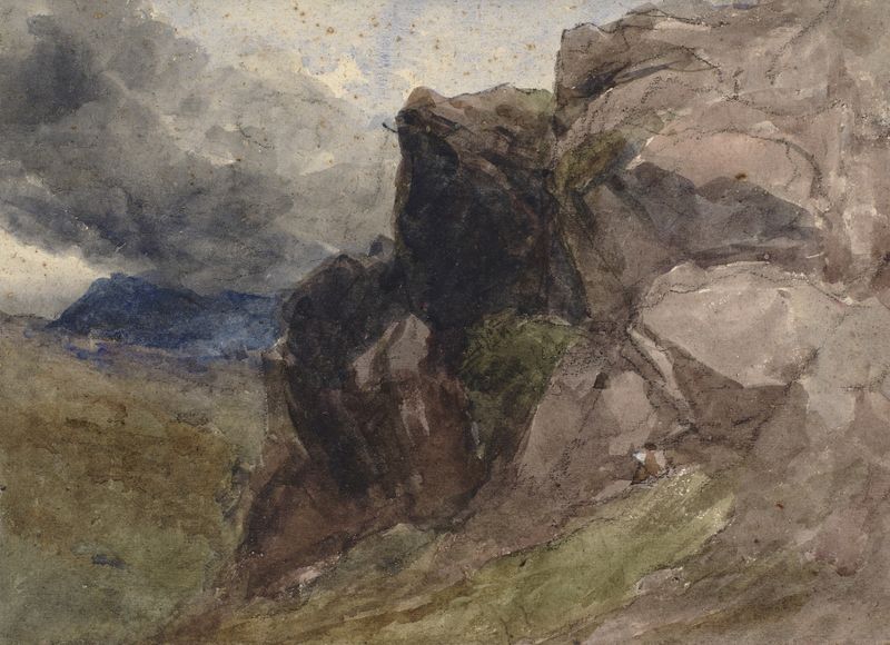 Paisaje rocoso en Gales con figura, acuarela de David Cox