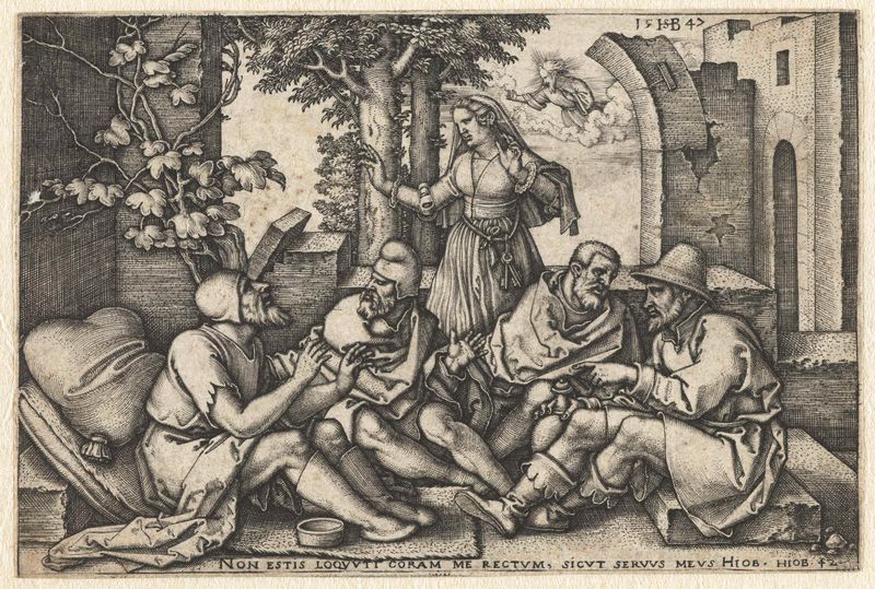 Gravura de Hans Sebald Beham mostrando Job conversando com amigos.