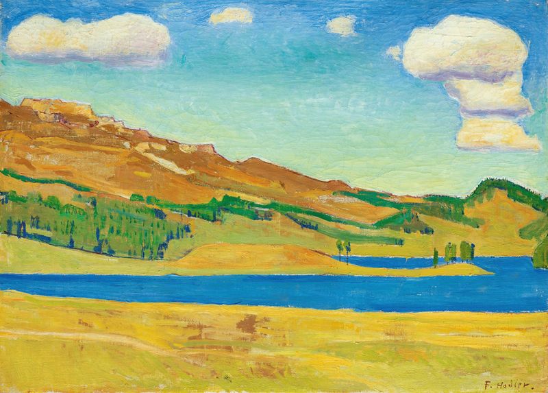 Lake Champfèr by Ferdinand Hodler, oil on canvas, featuring tranquil water and surrounding mountains.