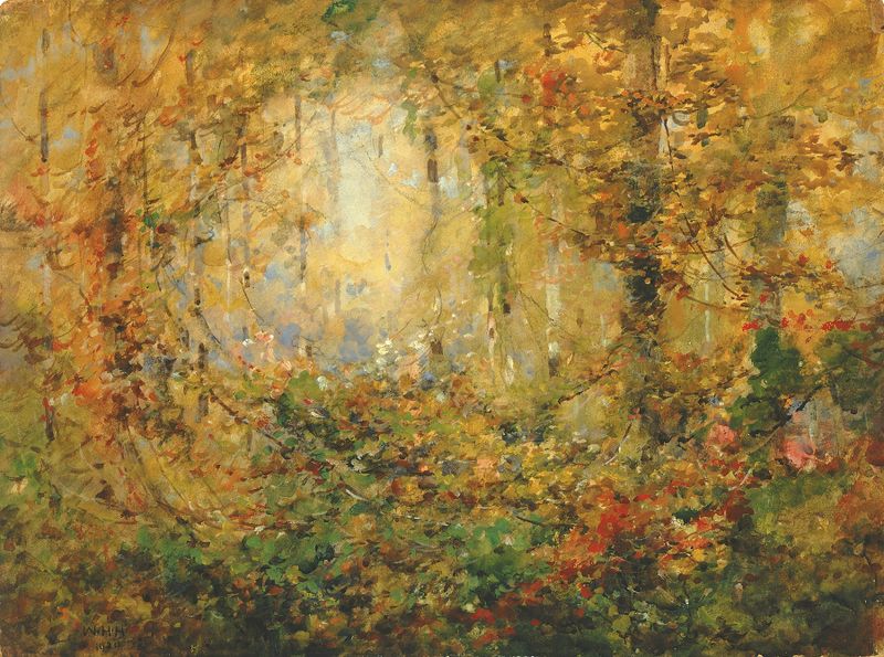 Autumn Tangle de William Henry Holmes, retratando folhas de outono vibrantes em uma pintura a óleo.
